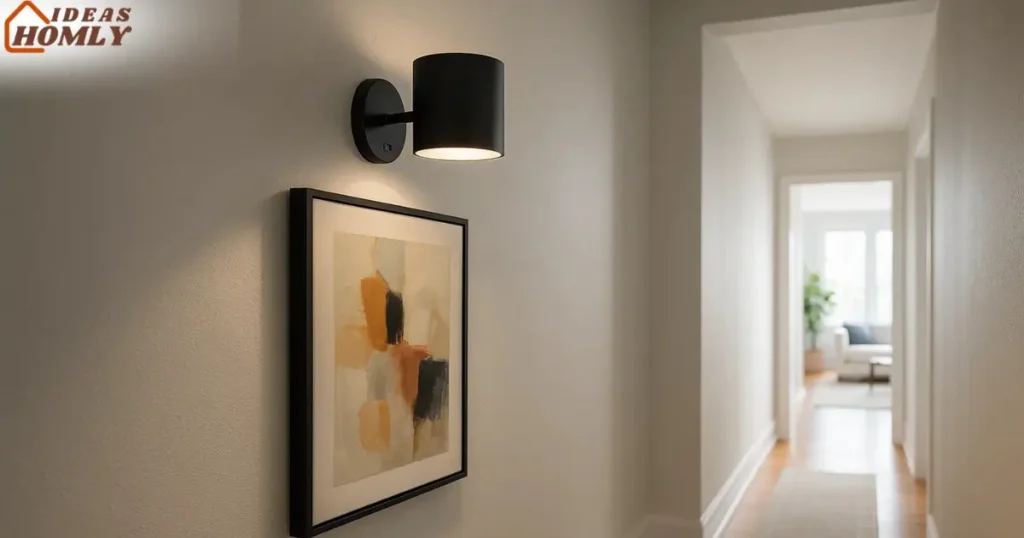 Wireless Battery-Operated Sconce Above Hallway Artwork