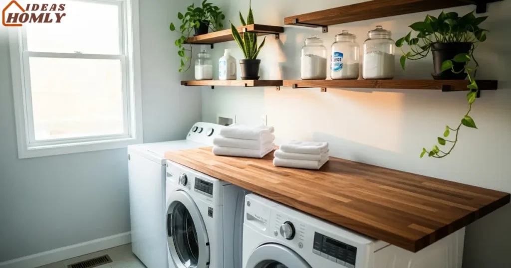 Wooden Countertop Above Washer and Dryer for Folding Laundry