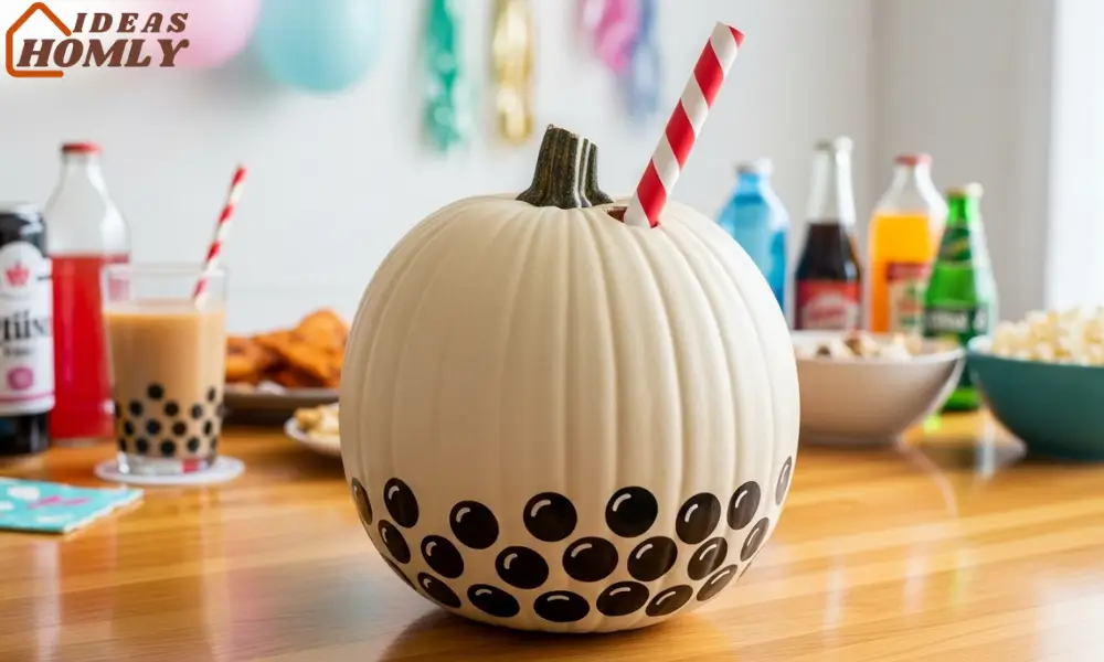 Boba Tea Inspired Pumpkin with Tapioca Pearl Design