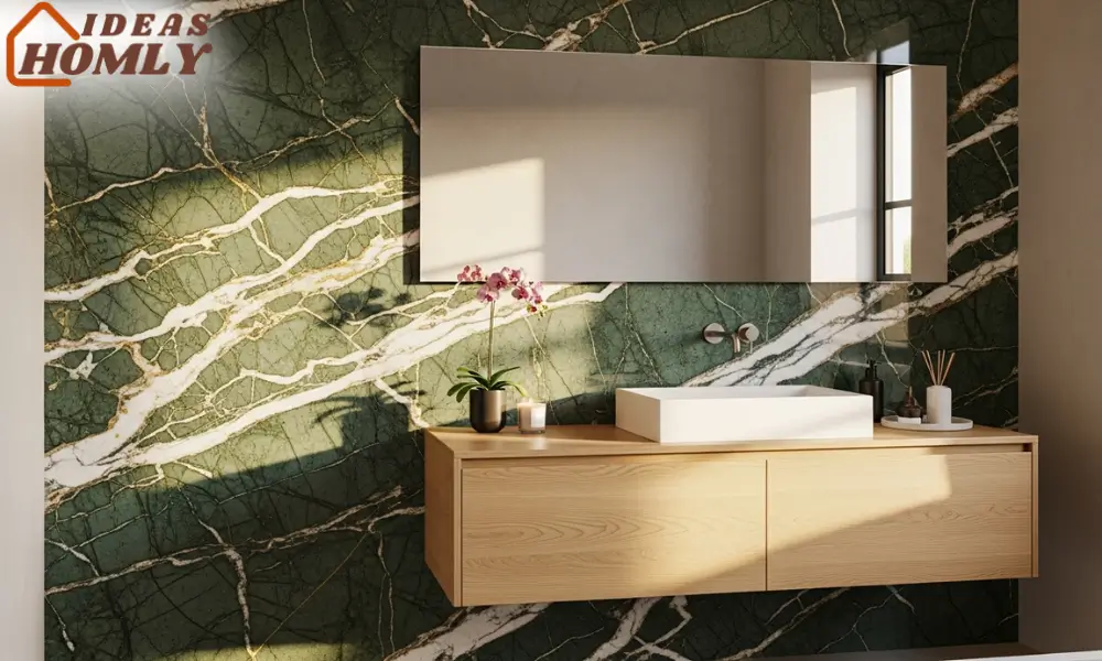 Bold Stone Slab Behind the Vanity