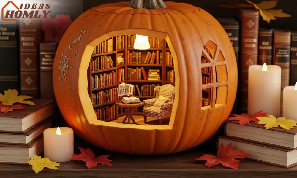Book-Nook Pumpkin Library with Miniature Reading Scene