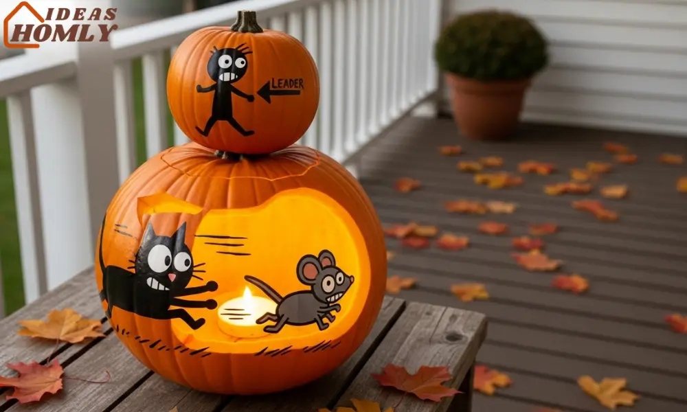 Cartoon Chase Scene Painted Around a Pumpkin