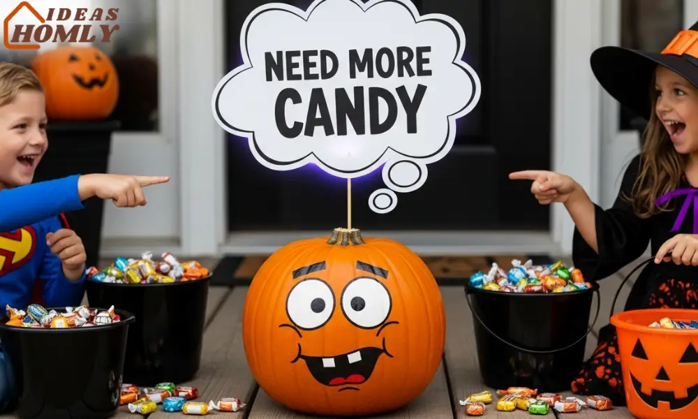 Cartoon Pumpkin with Thought Bubble Saying “Need More Candy”