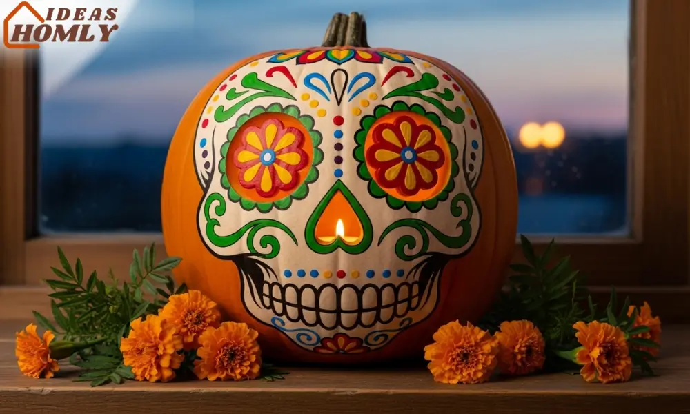 Colorful Sugar Skull Pumpkin with Day of the Dead Design
