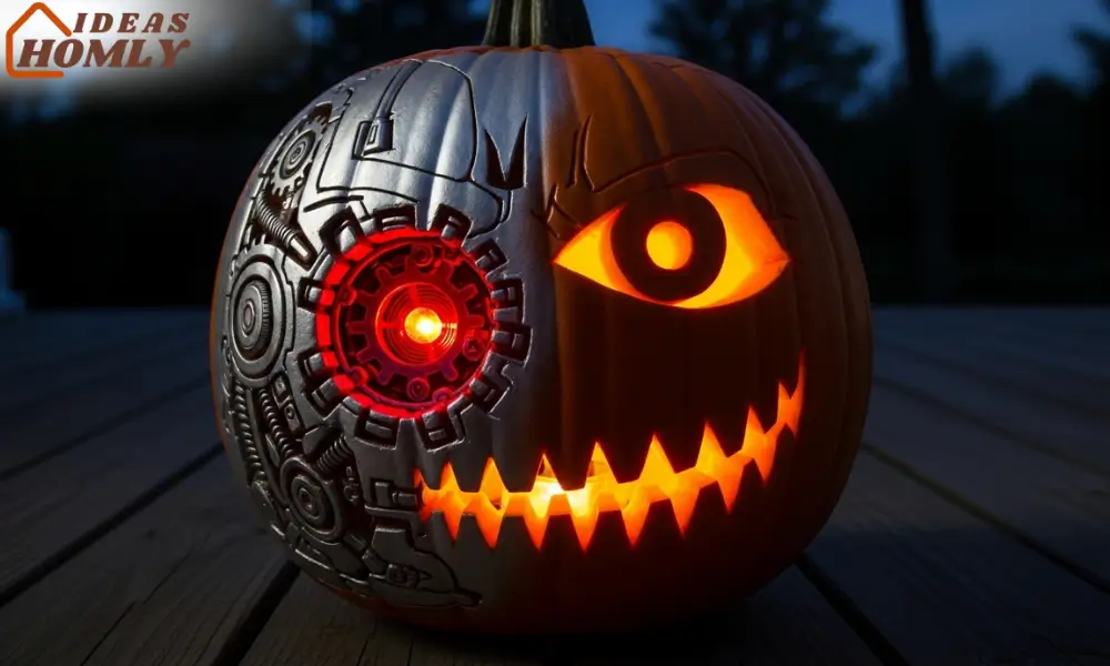 Cyborg Pumpkin Face Carving with Glowing Robotic Eye