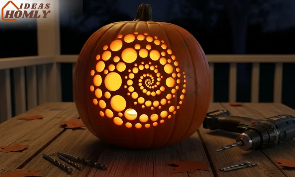 Drill-Bit Mosaic Pumpkin with Glowing Spiral Pattern
