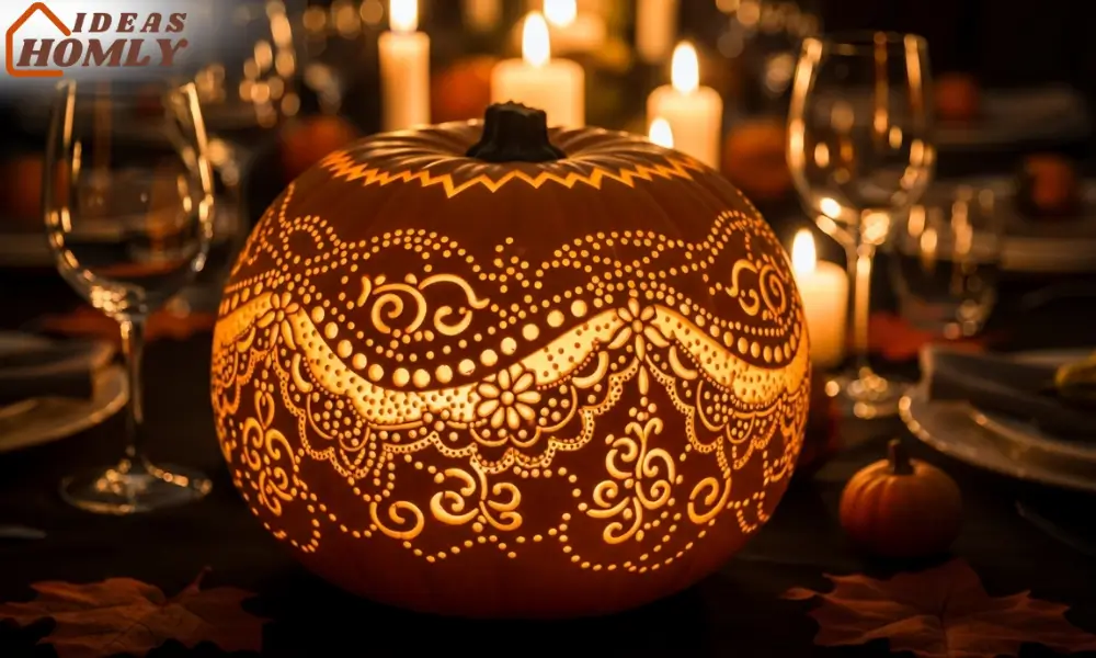 Etched Lace Veil Pumpkin with Intricate Floral Carving