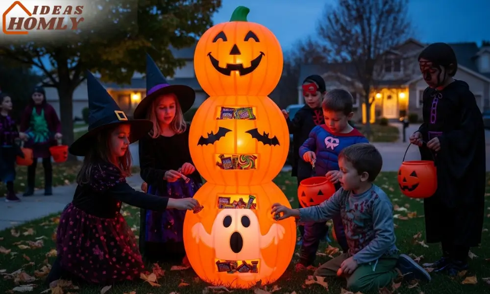 Halloween Candy Dispenser Column Made from Plastic Pumpkins