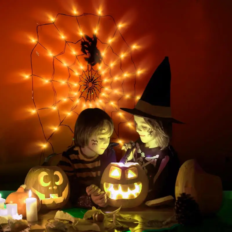 Halloween Decorations Spider Web Lights (Purple+Orange)