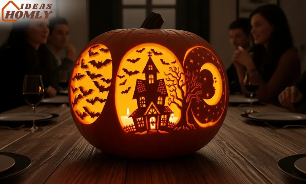 Layered Panels Pumpkin Carving with Haunted House and Bats