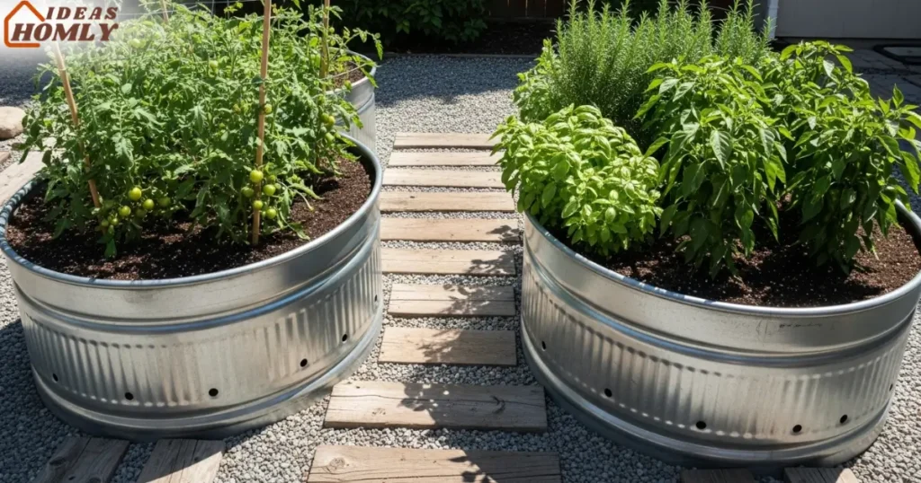 Modern Backyard with Galvanized Stock-Tank Raised Beds