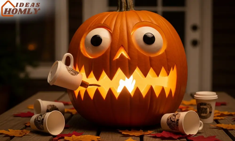 Overcaffeinated Pumpkin with Coffee Cups Display