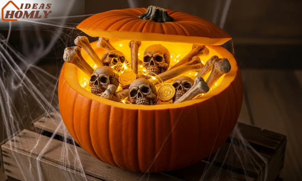 Pirate Skeleton Treasure Chest Pumpkin with Glowing Bones