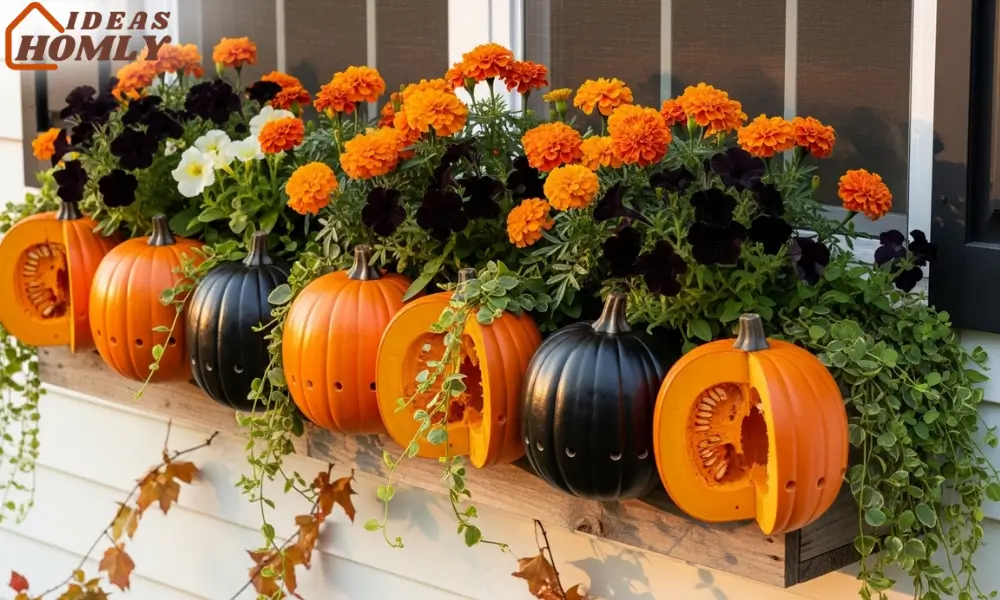 Plastic Pumpkin Window Box Planter with Fall Flowers