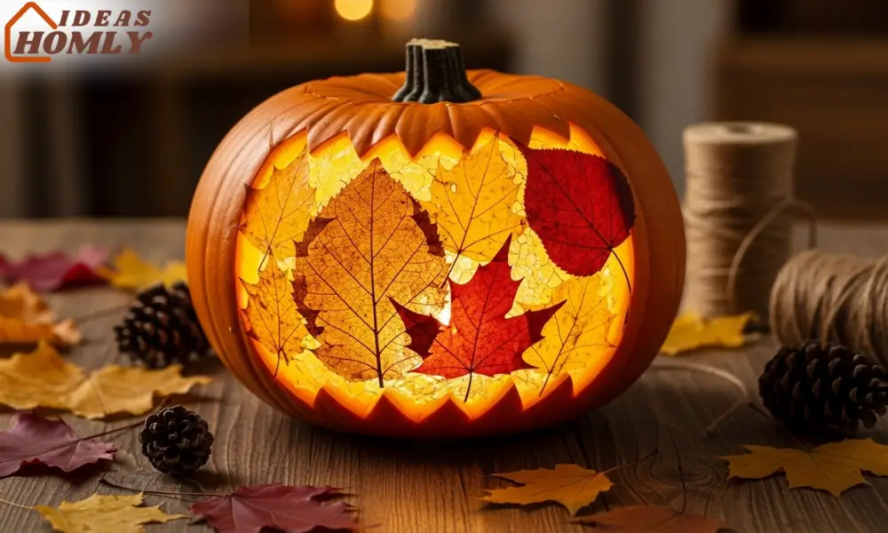 Pressed-Leaf Stained Glass Pumpkin with Glowing Colors