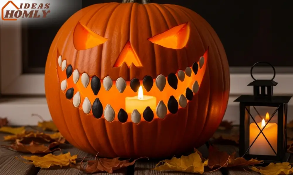 Pumpkin Carved with Seed-Tooth Inlays for Creepy Grin