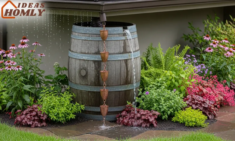 Rain Chain and Barrel System Feeding Planting Beds