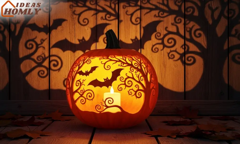 Shadow-Caster Pumpkin Lantern with Bat & Tree Silhouettes