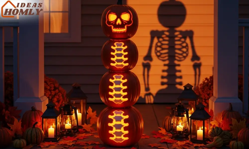Stacked Spine Pumpkin Tower for Halloween Porch Display