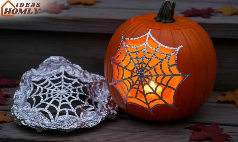 Tin-Foil Stencil Pumpkin Carving with Spider Web Design