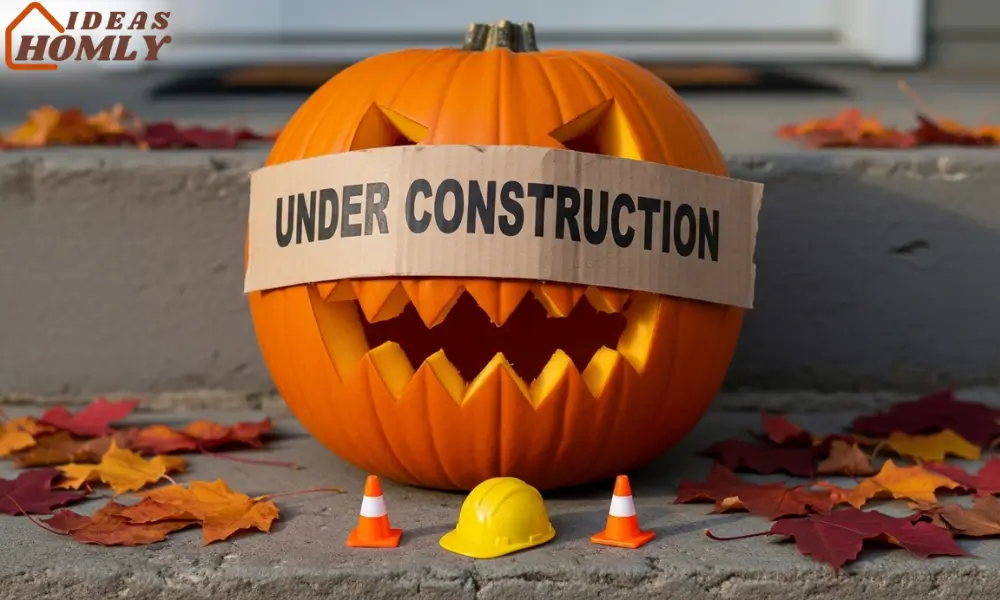 Under Construction Pumpkin with Funny Carving Sign