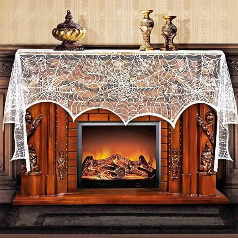 White Lace Spiderweb Fireplace Cover for Halloween