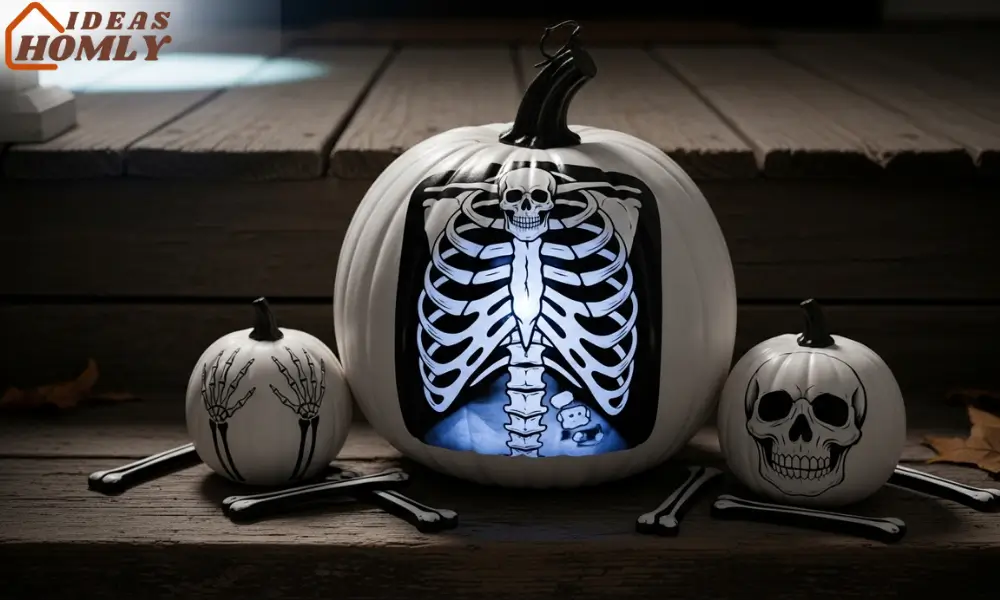 White X-Ray Skeleton Pumpkin with Glowing Ribs
