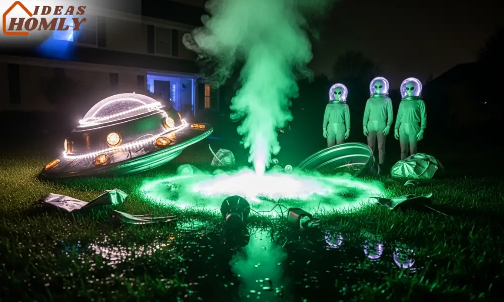 Alien Landing Lawn Scene with Glowing UFO Wreckage