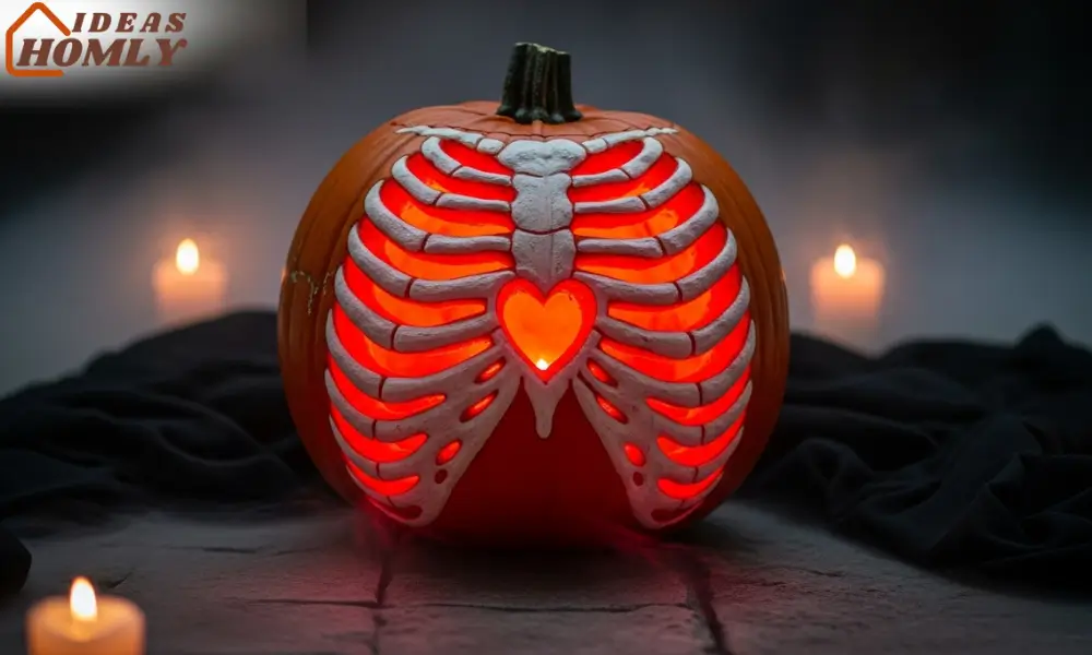 Bone-Like Ribcage Pumpkin Carving with Glowing Red Core