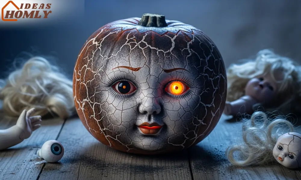 Broken Doll Pumpkin Carving with Porcelain-Like Cracks
