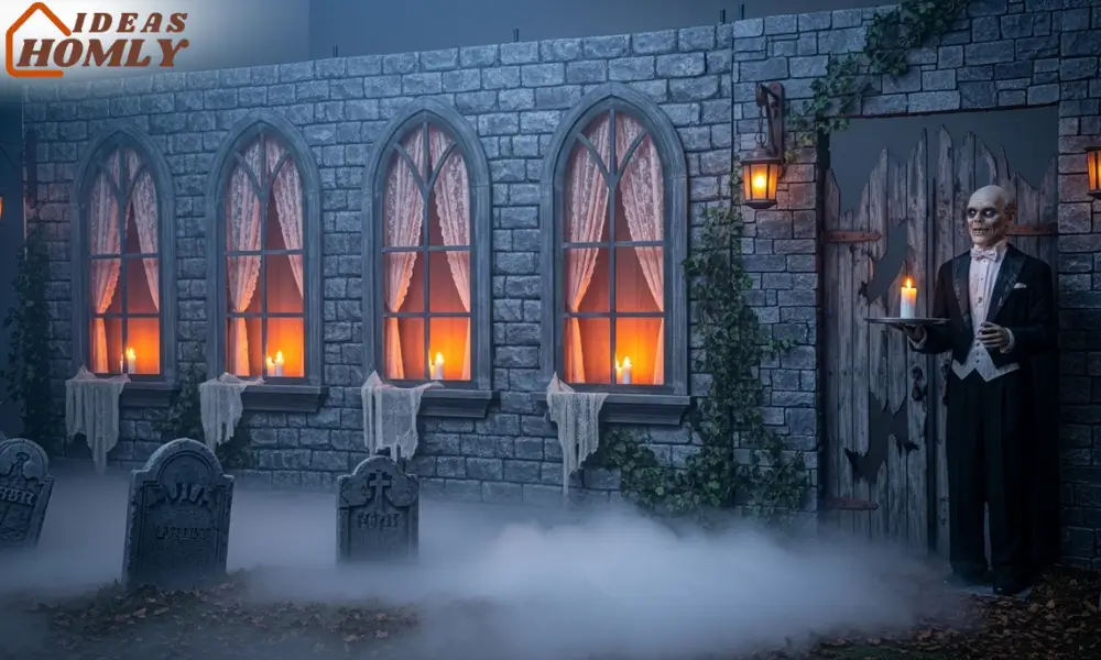 Front Yard Haunted Mansion Setup with Mist and Lanterns