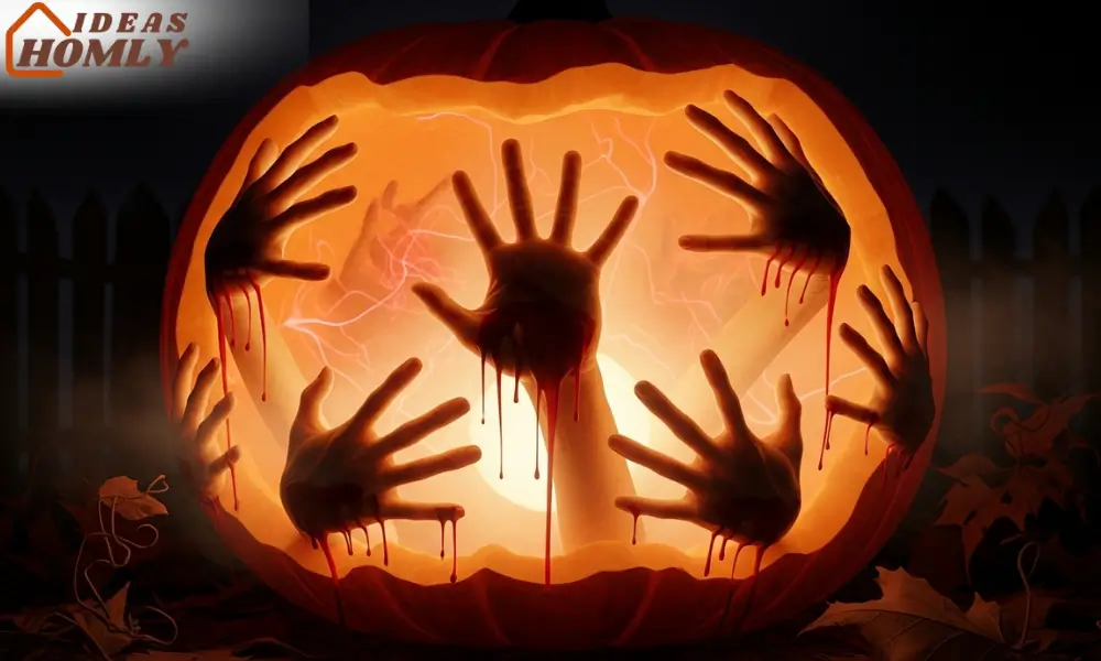 Haunted Pumpkin with Glowing Handprints Trying to Escape