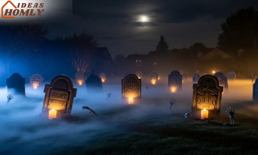 Low-Fog Graveyard Scene with Glowing Tombstones