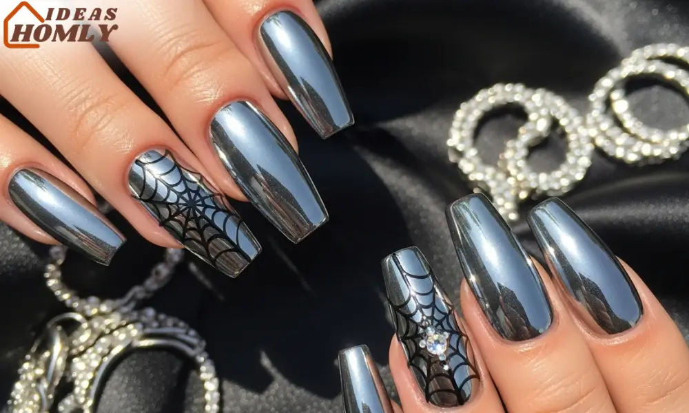 Metallic Chrome Cobweb Halloween Nails 2025