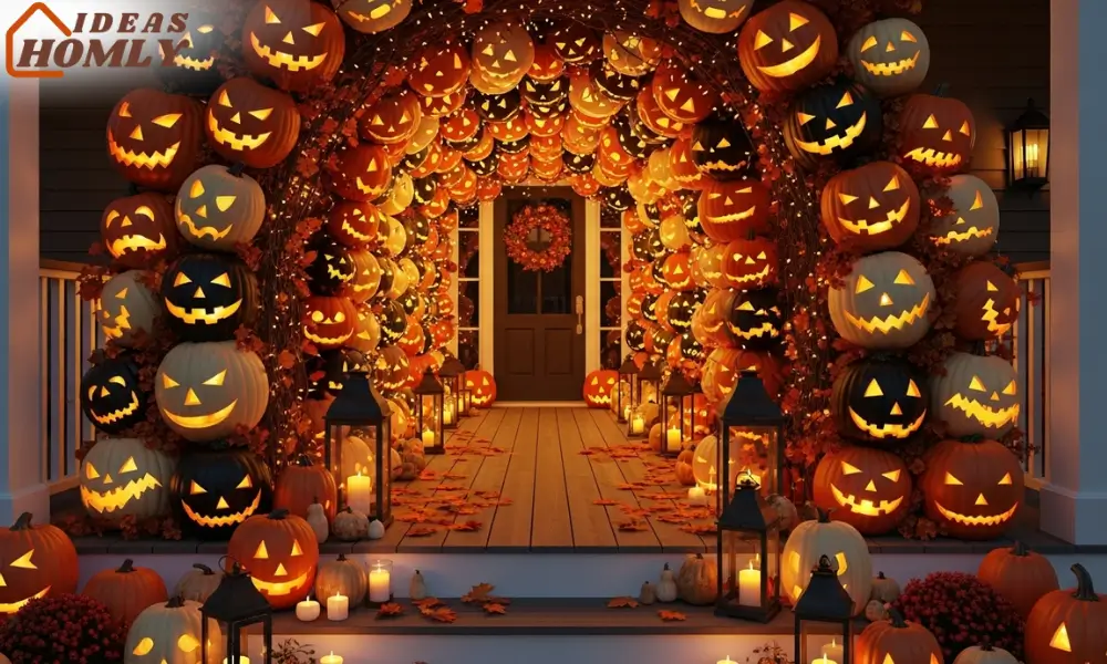 Pumpkin-Packed Porch Arch That Welcomes the Night