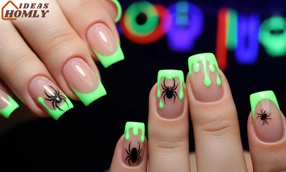 Slime Green Micro-French Halloween Nails 2025