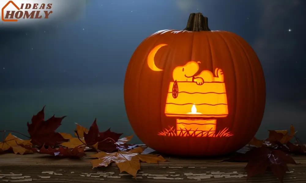 Snoopy on His Doghouse Pumpkin Carving at Night