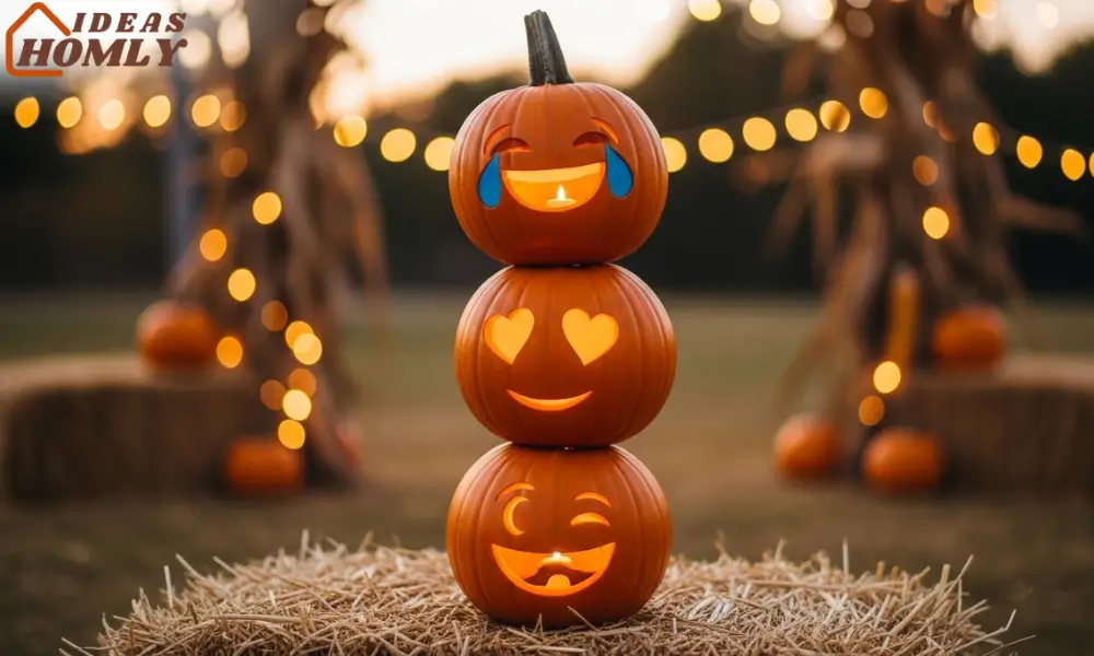 Stack of Emoji Pumpkins with Glowing Faces