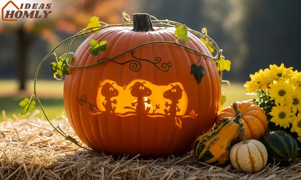 Three Woodstock Pumpkin Carving on Autumn Vine