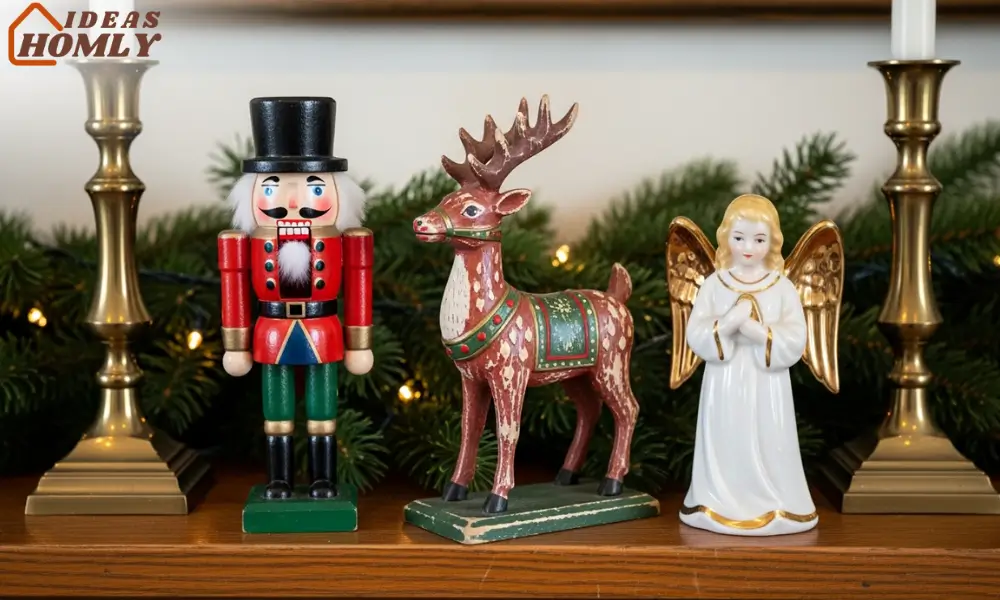 Antique Christmas Figurines Styled on a Wooden Mantel