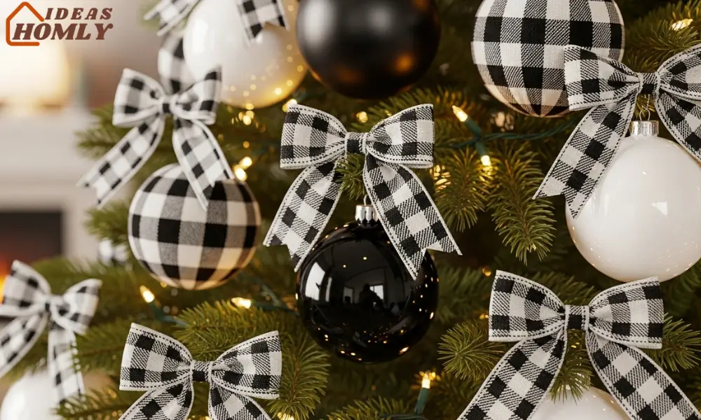Black and White Plaid Tree Ornaments and Bows