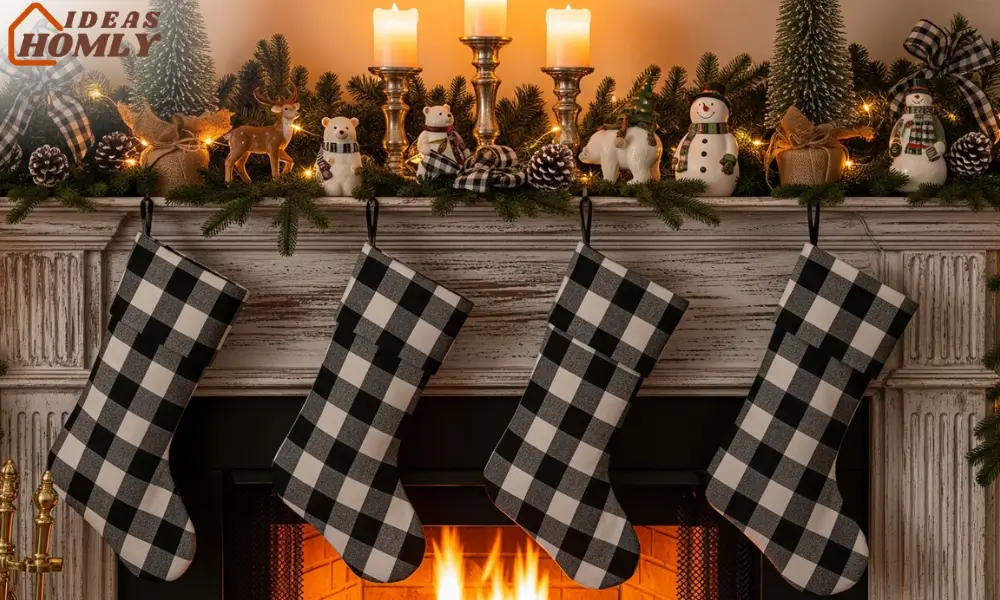 Buffalo Plaid Stockings and Mantel Decor