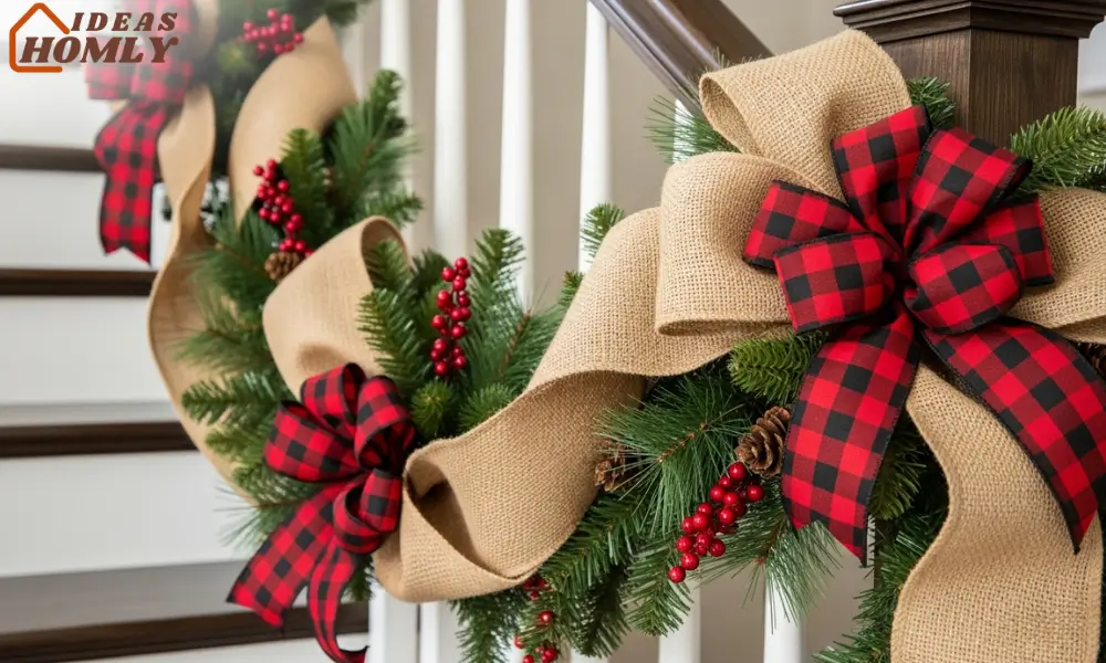 Buffalo Plaid and Burlap Stair Garland Using Dollar Store Ribbon