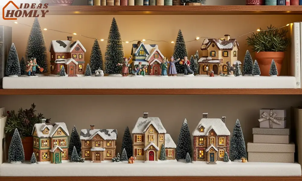 Calm and Organized Bookshelf Winter Village Scene