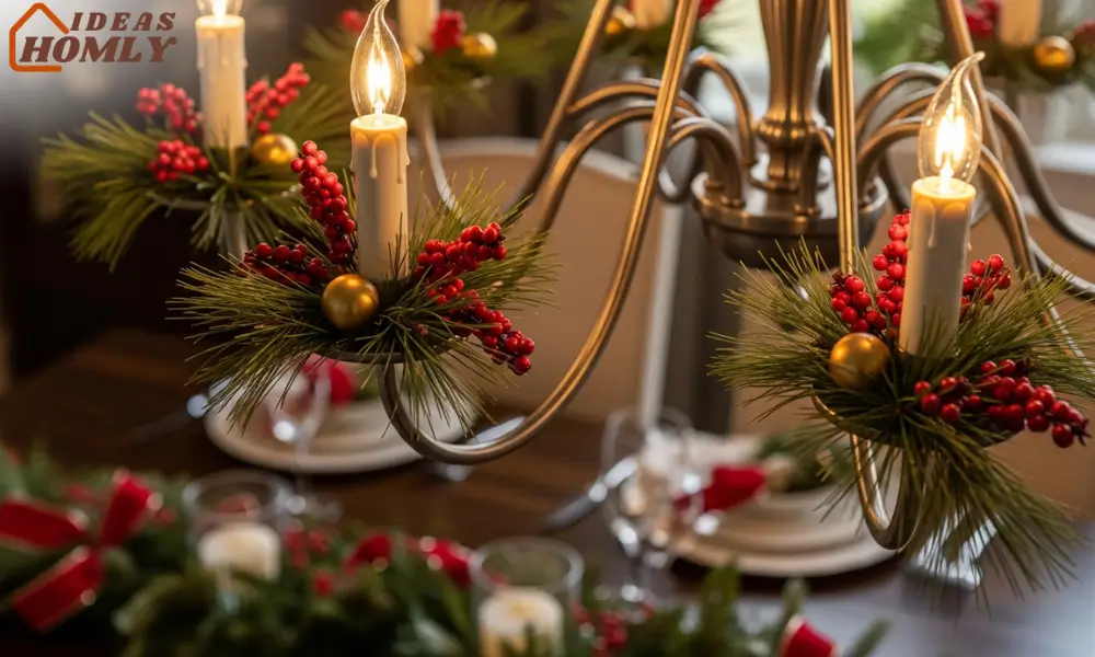 Candle-Look Chandelier With Pine and Berry Accents