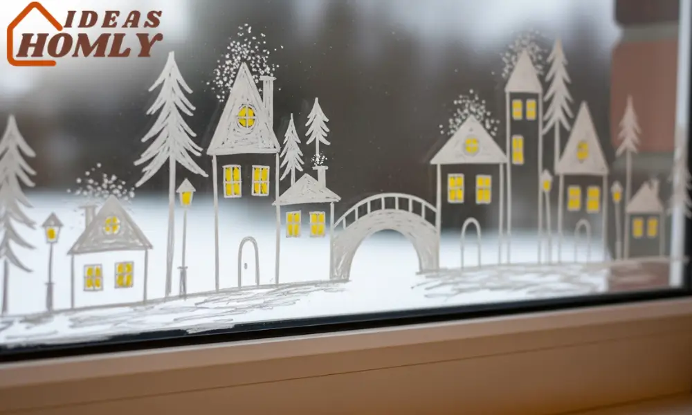 Chalk Pen Winter Village Along the Window Sill