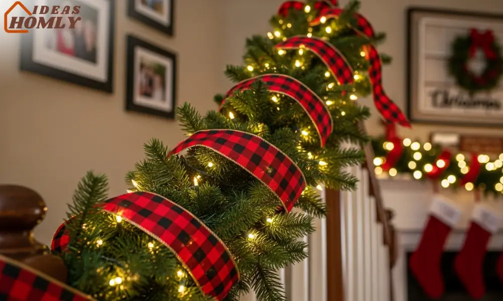 Christmas Garland With Plaid Ribbon and Warm Fairy Lights
