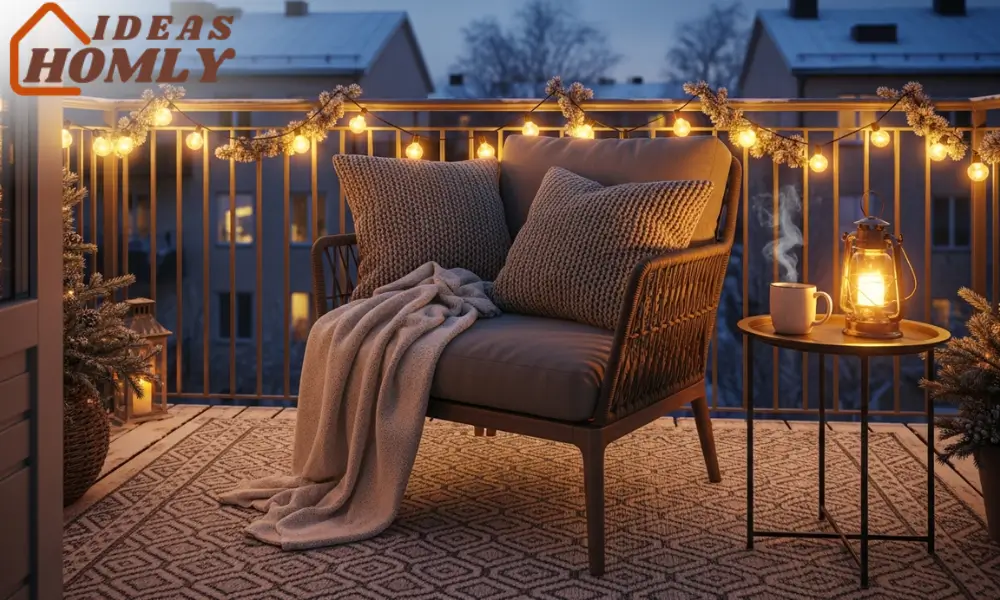 Cozy Balcony Lounge with String Lights and Textiles