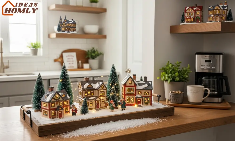 Cozy Kitchen Counter Christmas Village Near Coffee Station
