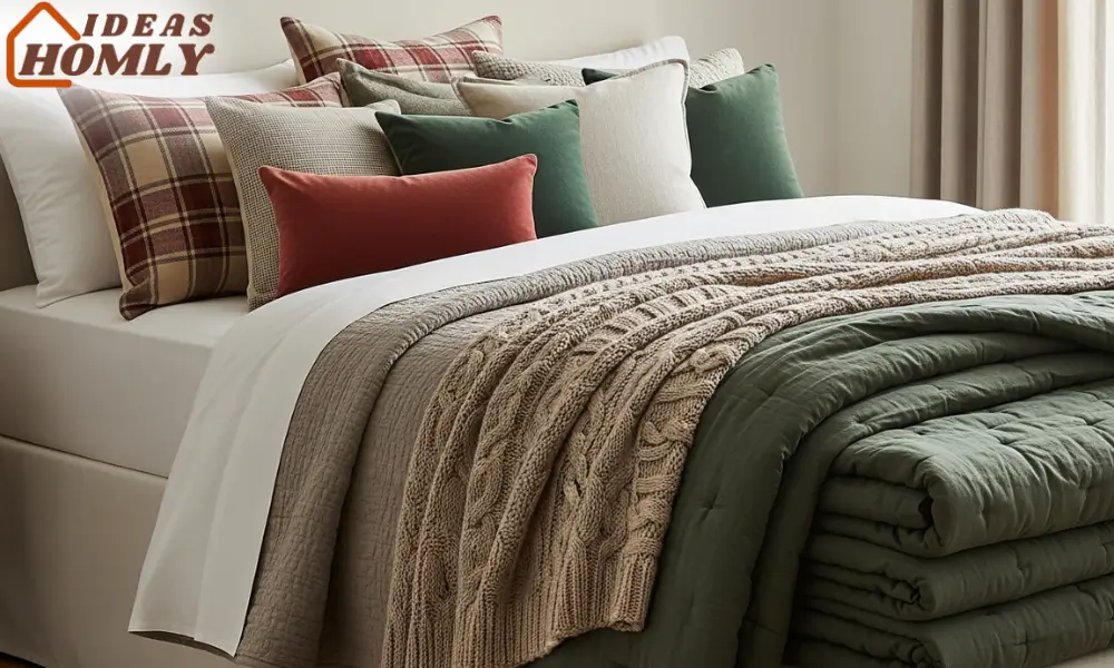 Cozy Layered Winter Bedding in a Holiday Bedroom